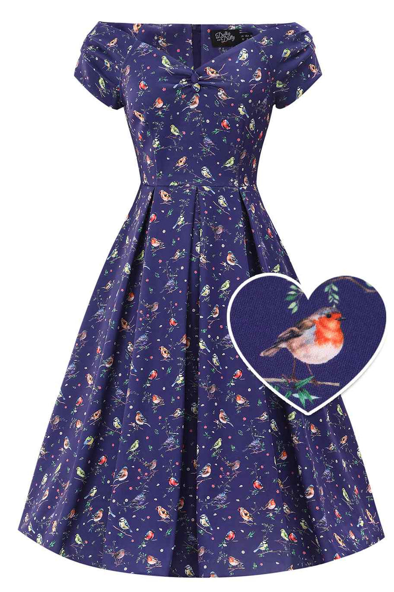 Front view of Bird Garden Off Shoulder Dress In Navy Blue
