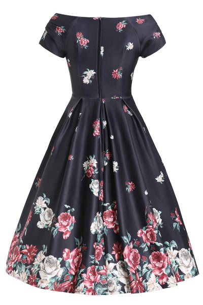 Back view of Lily Black Falling Rose Off Shoulder Dress