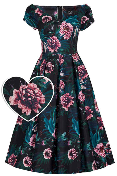 Front view of Lily Black Peony Off Shoulder Dress