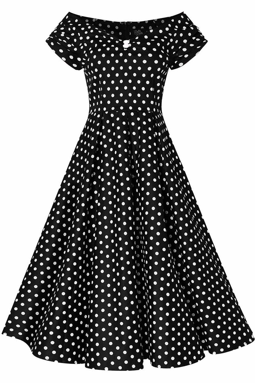 Front view of Lily Black Swing Dress With White Polka Dots