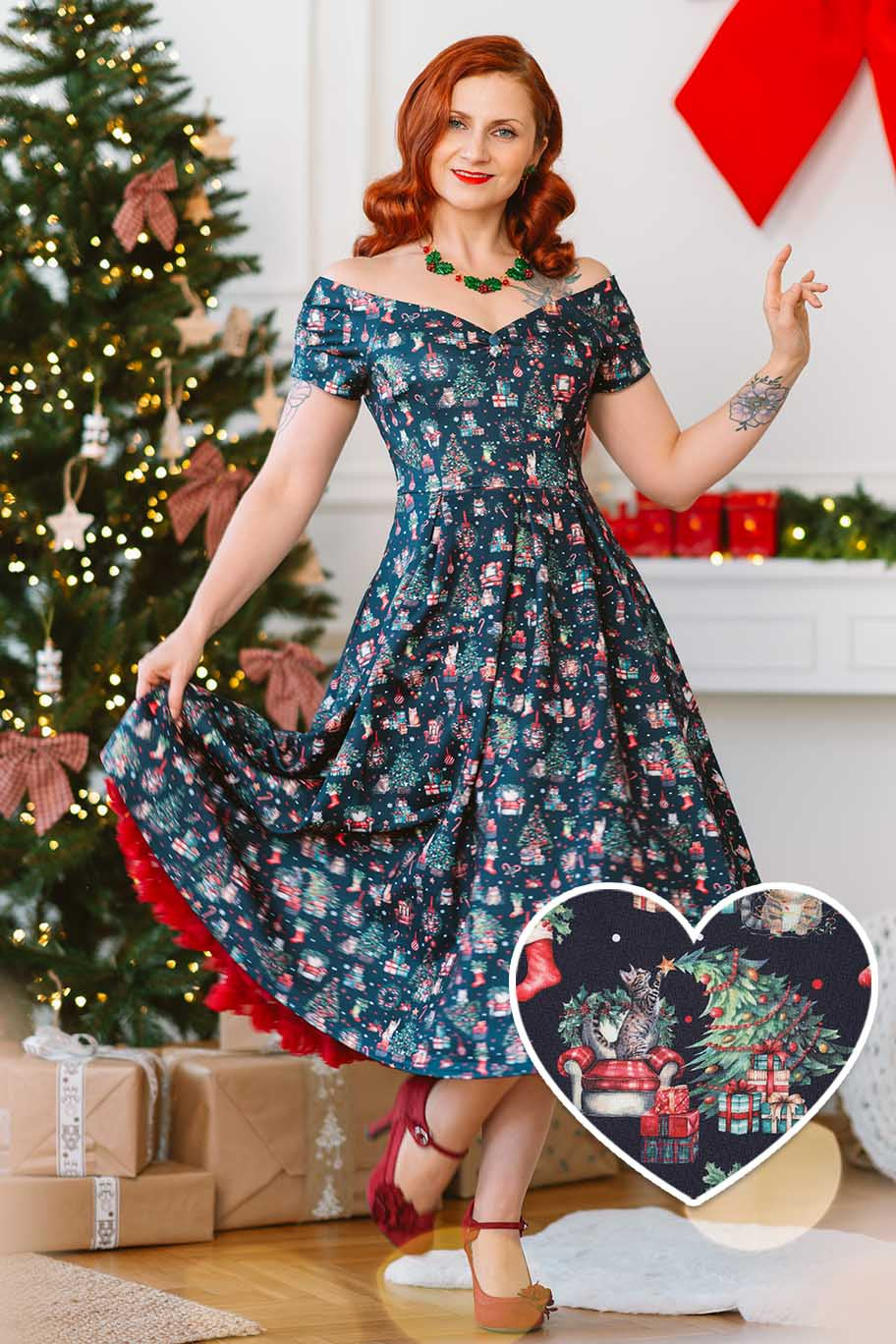 A model wearing a Lily Cats At Christmas Circle Dress