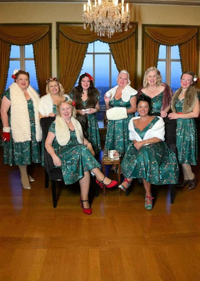 Ladies wearing the Lily Green Bird Forest Off Shoulder Swing Dress