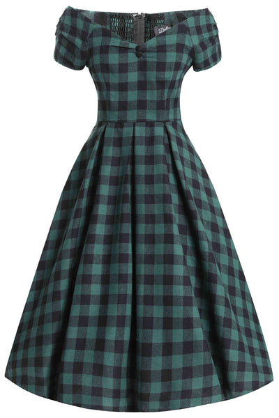Front view of Lily Green Check Off Shoulder Dress