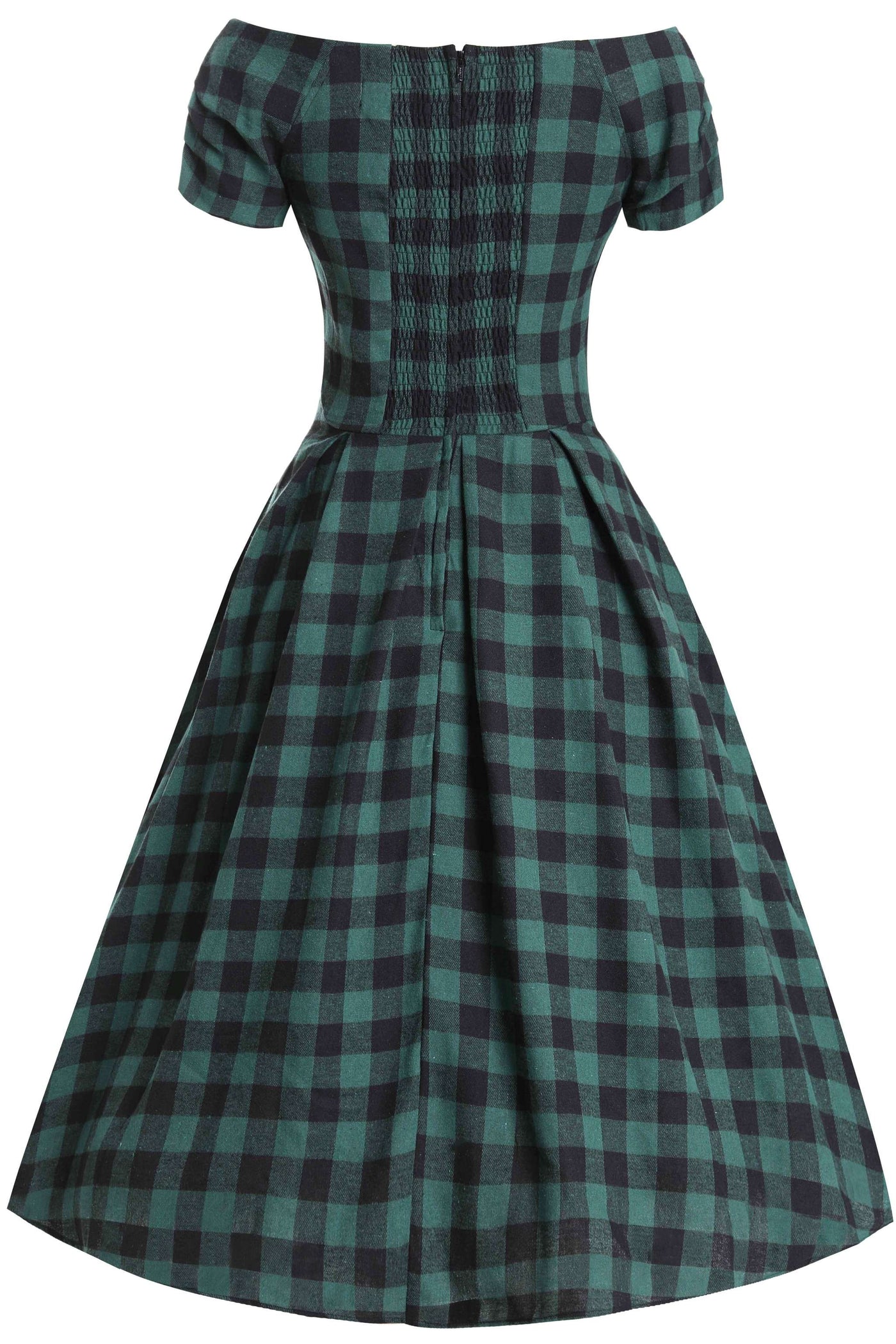 Back view of Lily Green Check Off Shoulder Dress