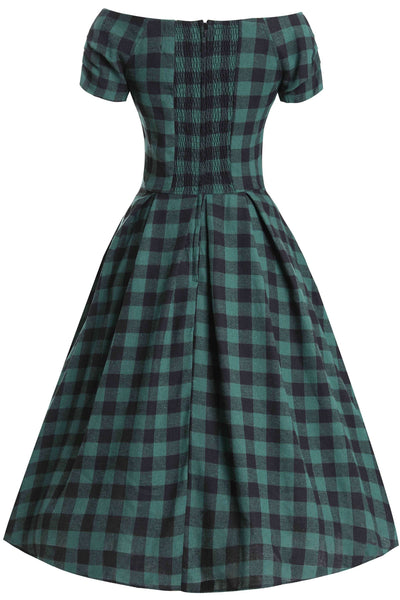 Back view of Lily Green Check Off Shoulder Dress