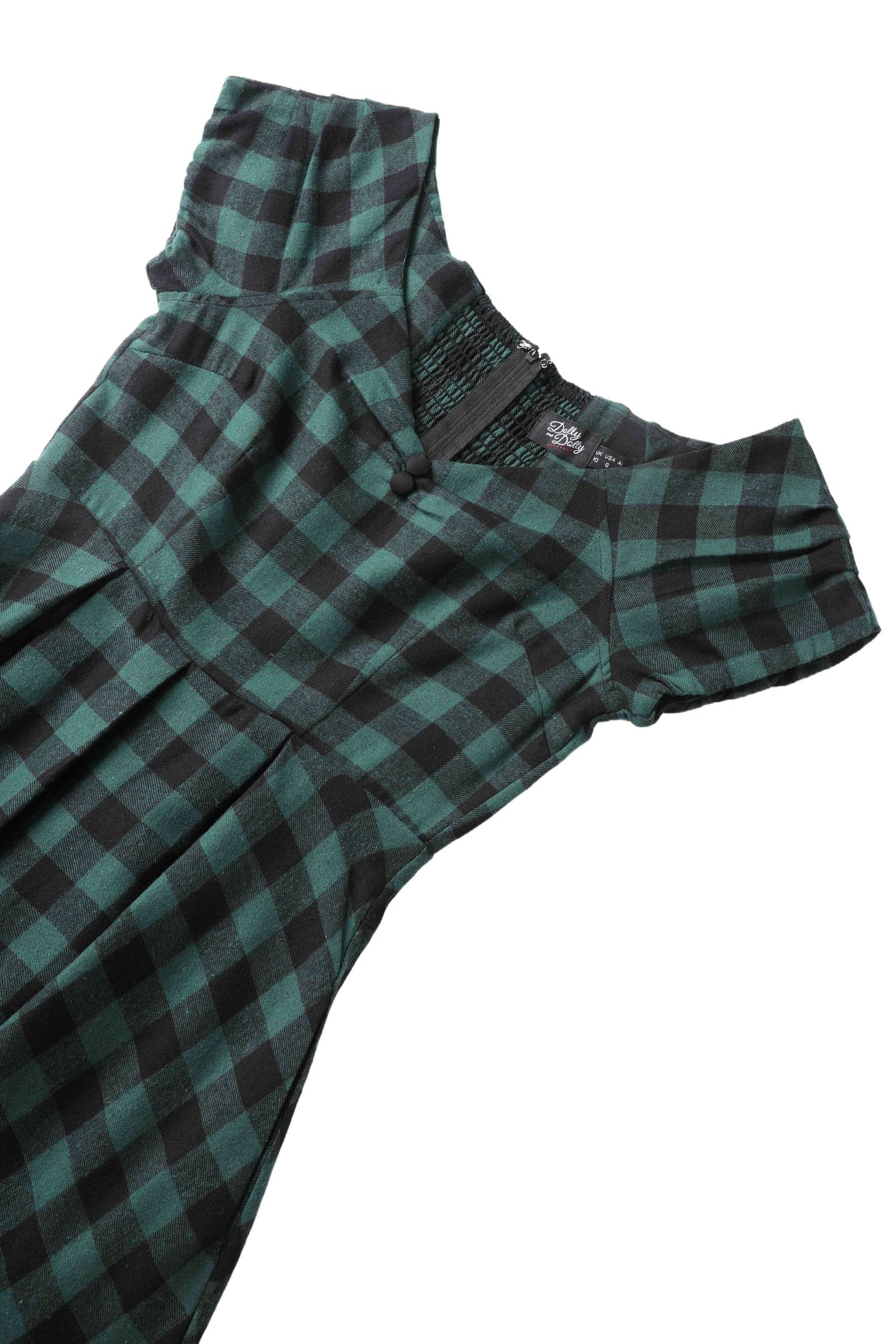 Close up view the top of Lily Green Check Off Shoulder Dress