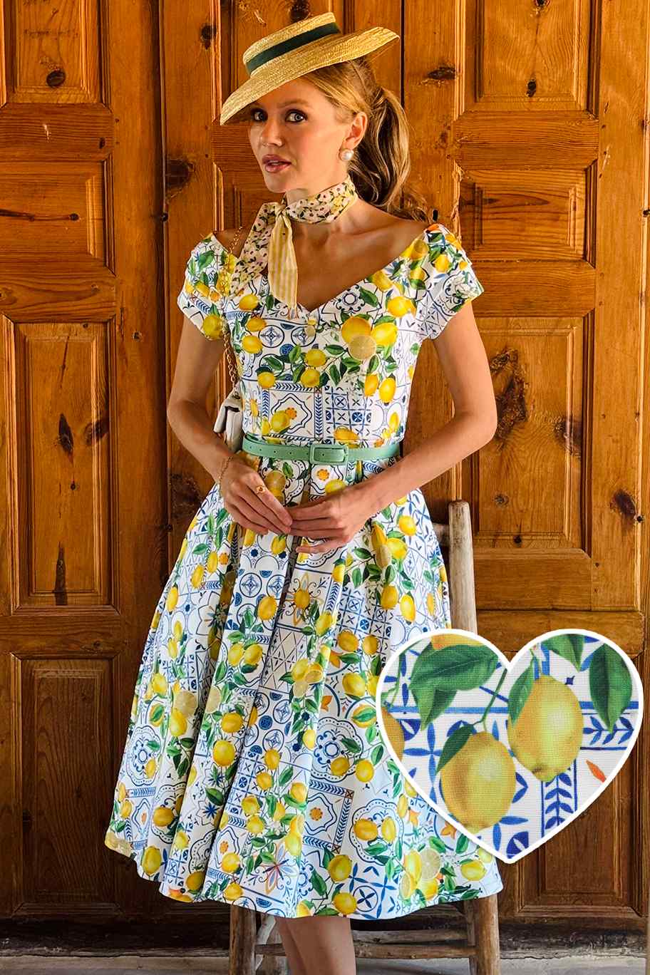 Front view Lily Mediterranean Lemon Off Shoulder Dress