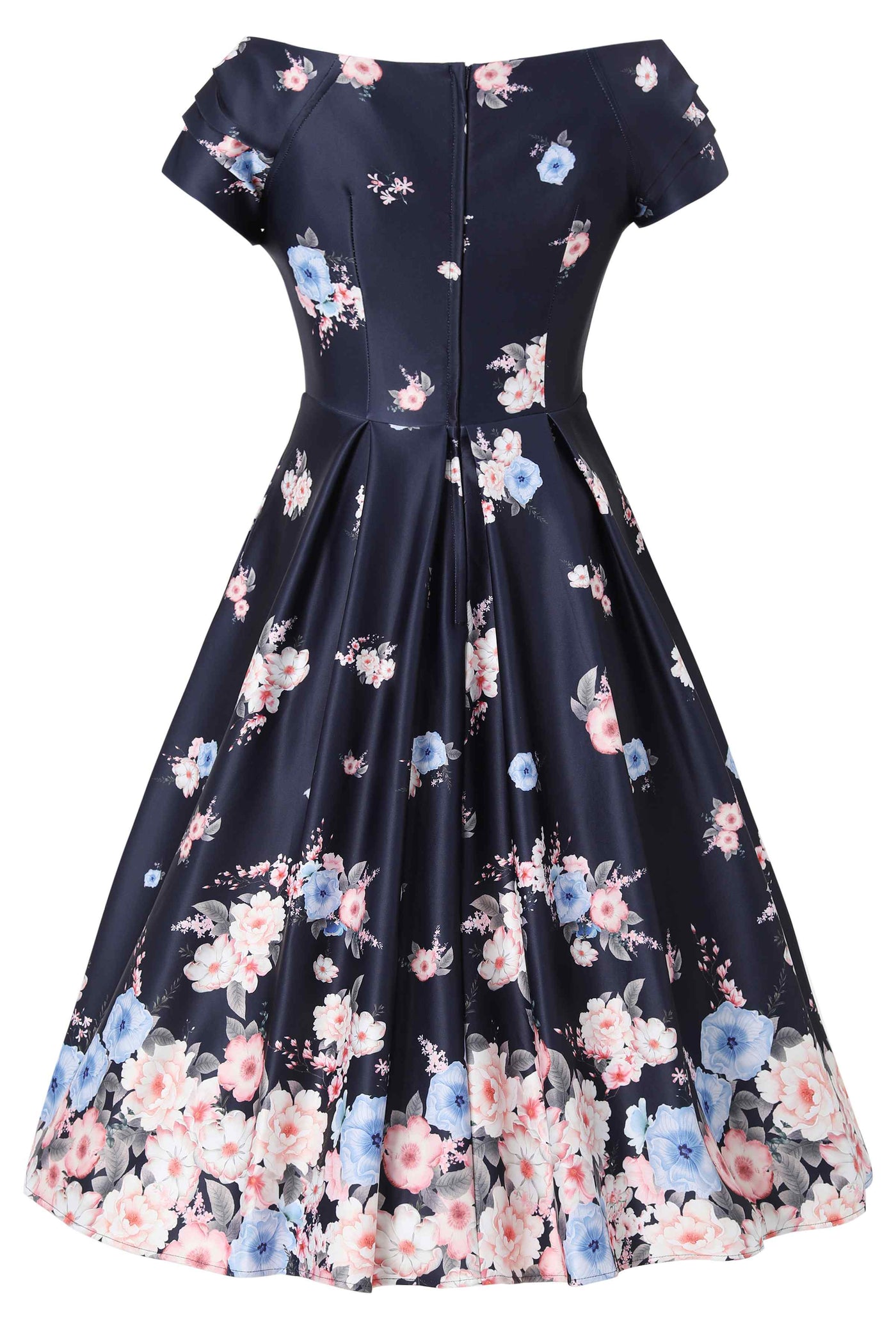 Back view of Lily Navy Blue Falling Rose Off Shoulder Dress
