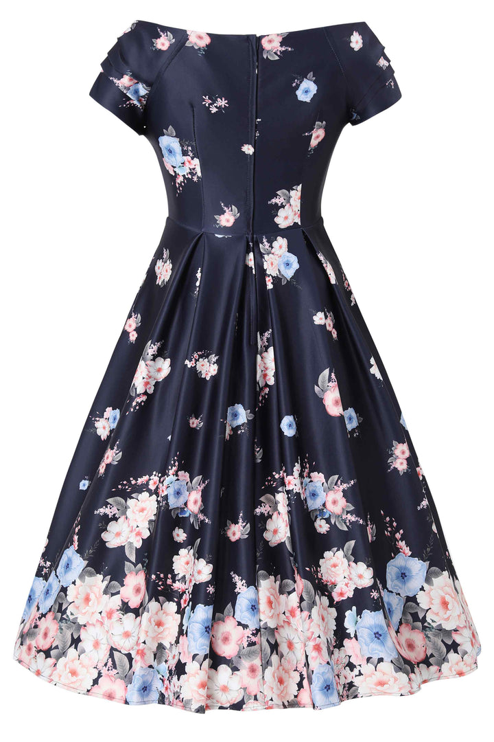 Navy Blue Rose Off Shoulder Dress | Midi Full Circle Dress