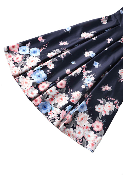 Close up view of Lily Navy Blue Falling Rose Off Shoulder Dress
