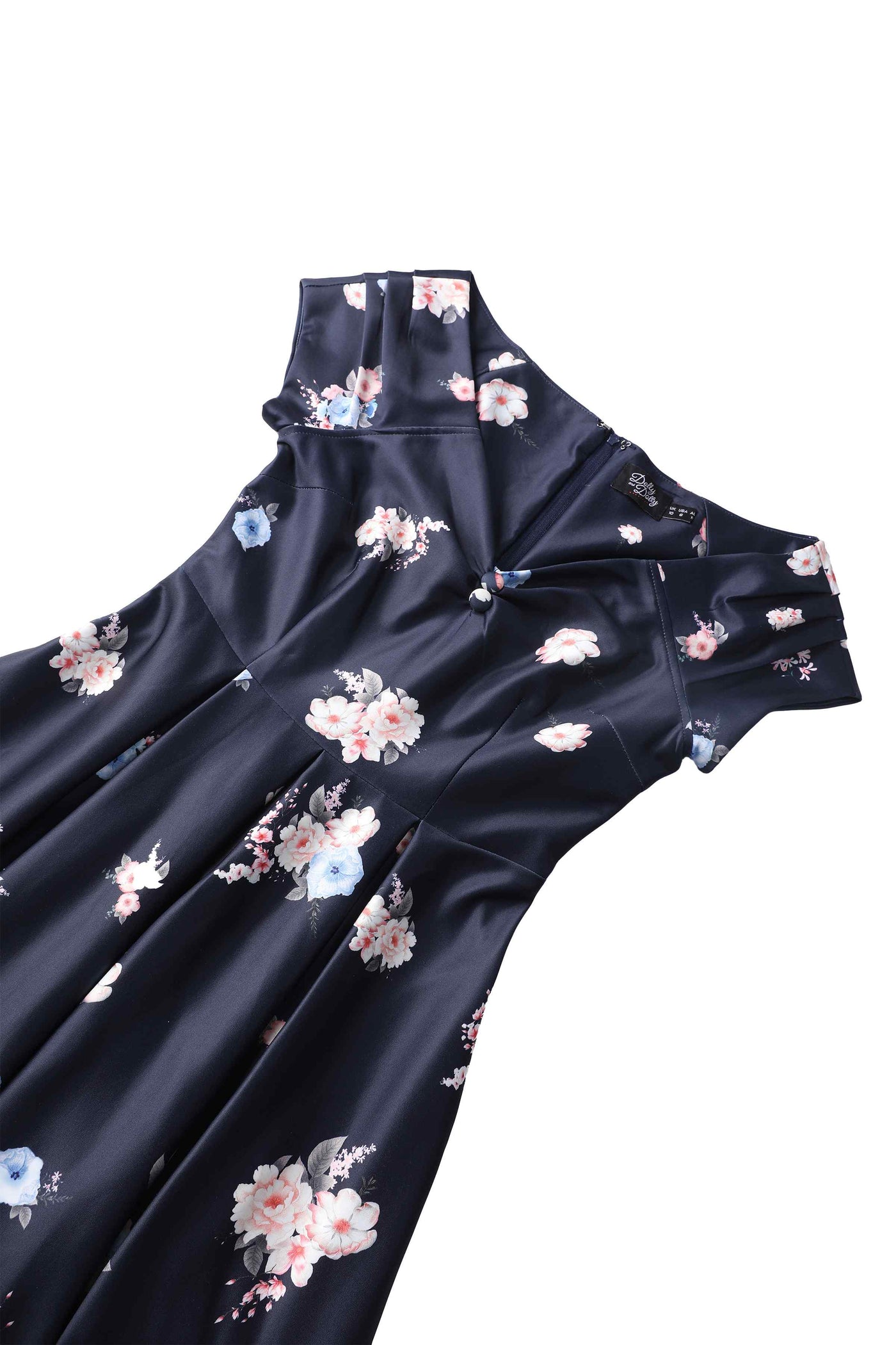 Close up view the top of Lily Navy Blue Falling Rose Off Shoulder Dress