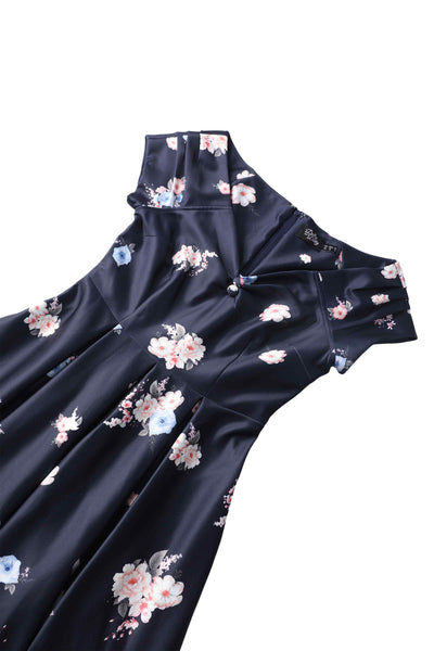 Close up view the top of Lily Navy Blue Falling Rose Off Shoulder Dress