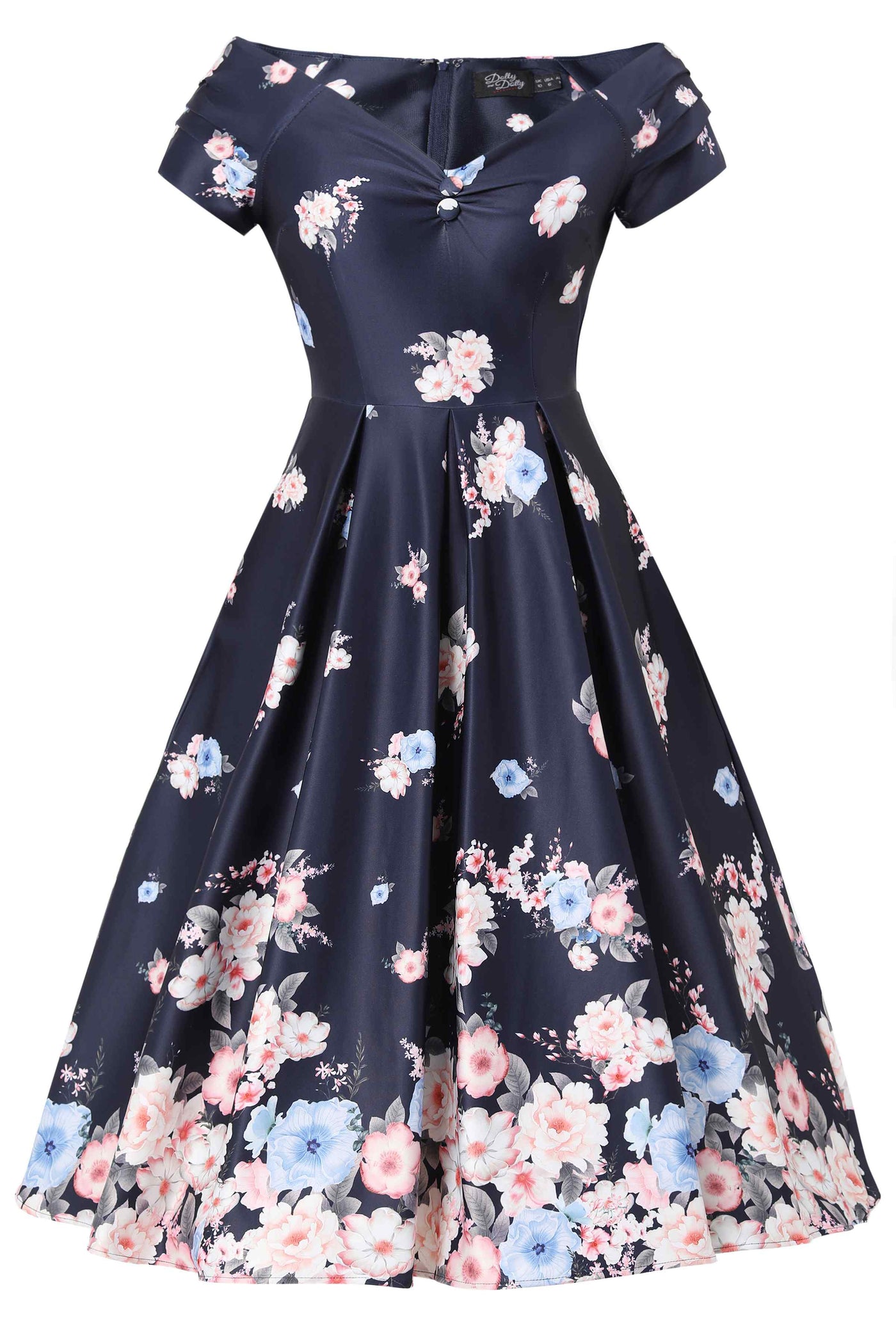 Front view of Lily Navy Blue Falling Rose Off Shoulder Dress