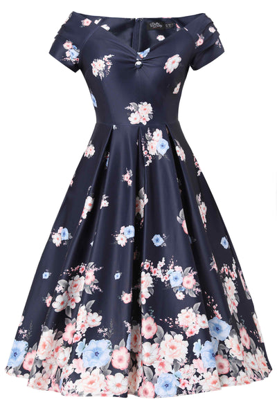 Front view of Lily Navy Blue Falling Rose Off Shoulder Dress
