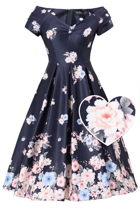 Front view of Lily Navy Blue Falling Rose Off Shoulder Dress