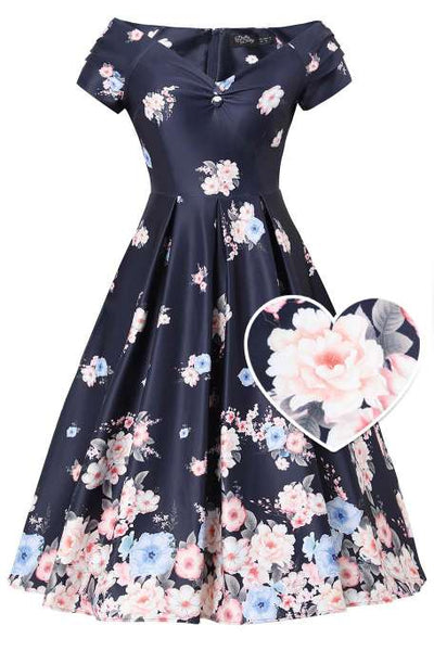 Front view of Lily Navy Blue Falling Rose Off Shoulder Dress