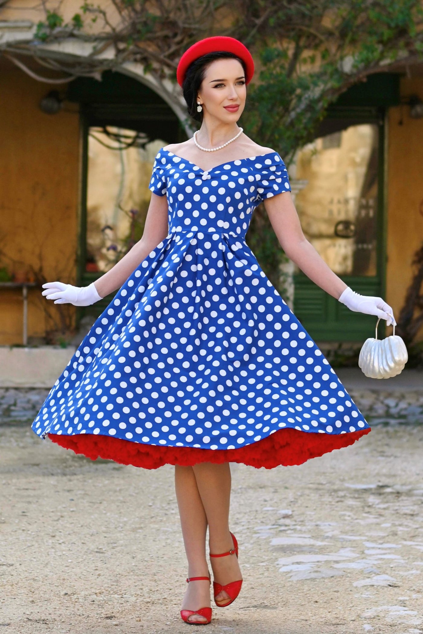 Retro Navy Blue Polka Dot Off Shoulder Dress