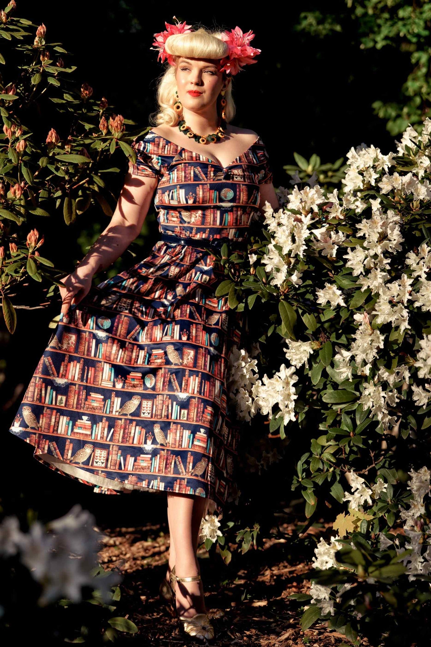 A lady wearing Off Shoulder Book & Owl Dress