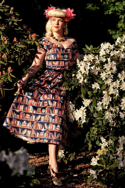 A lady wearing Off Shoulder Book & Owl Dress