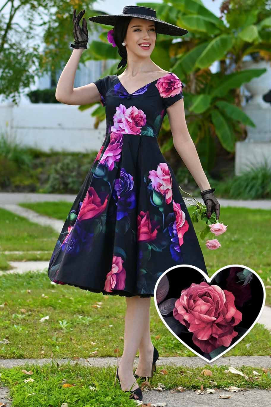 A model wearing a Lily Peony Garden Off Shoulder Dress