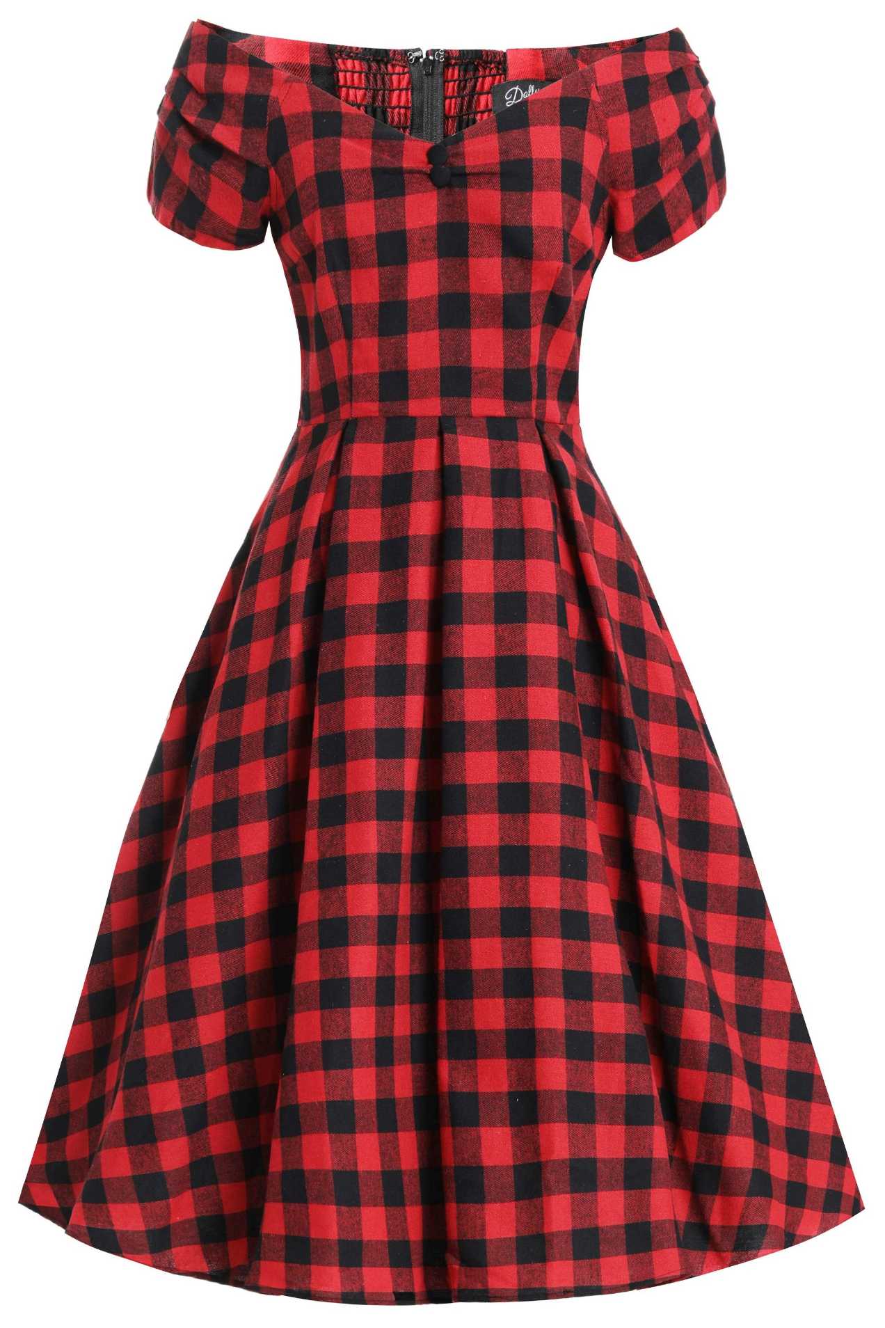 Front view of Lily Red Check Off Shoulder Dress