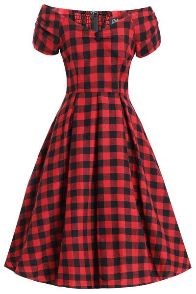 Front view of Lily Red Check Off Shoulder Dress