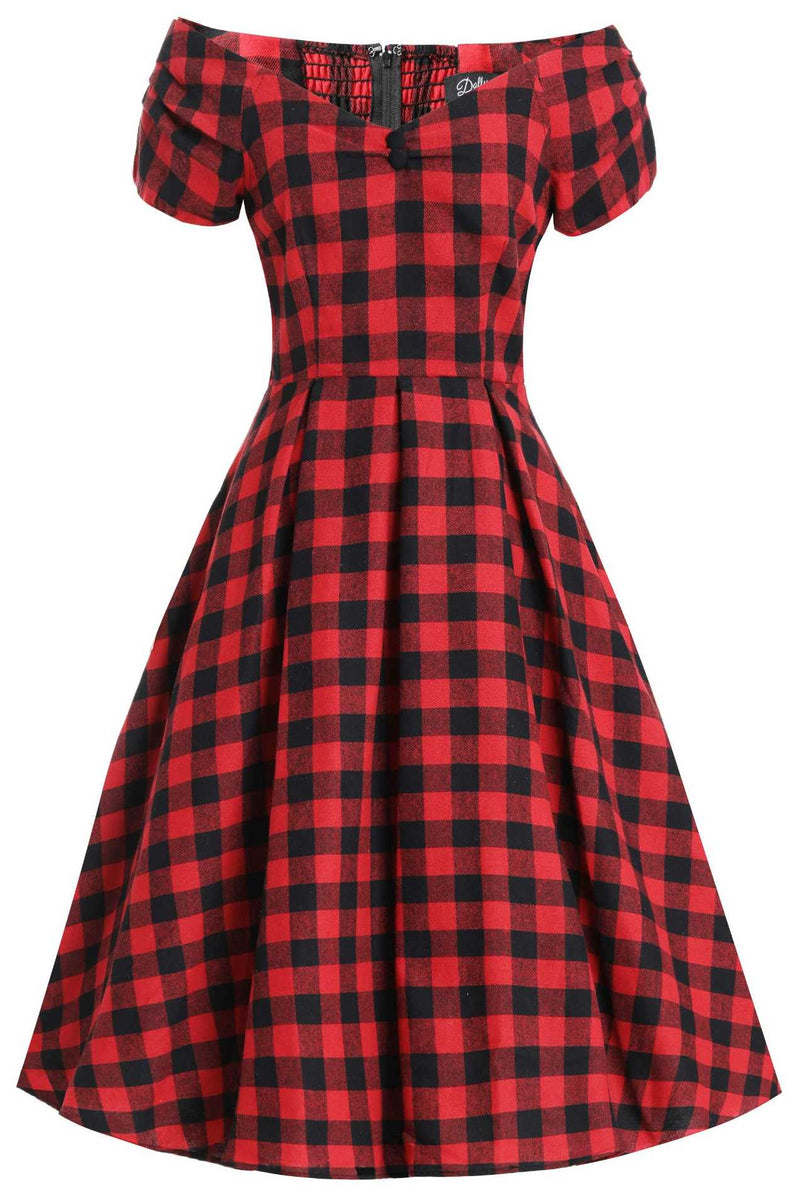 Front view of Lily Red Check Off Shoulder Dress