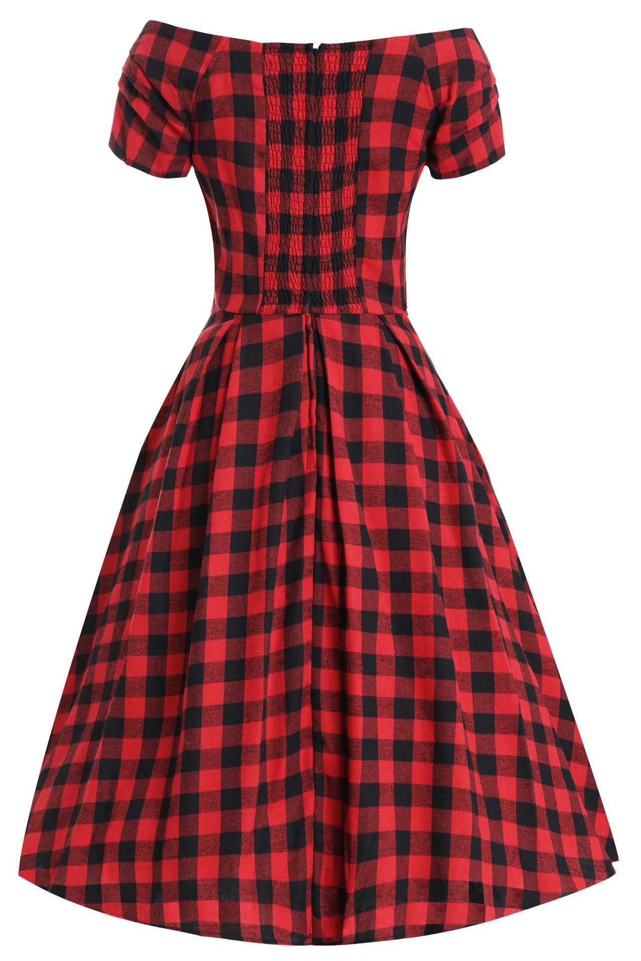 Back view of Lily Red Check Off Shoulder Dress