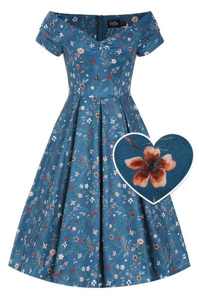 Front view of Teal Ditsy Floral Off Shoulder Dress