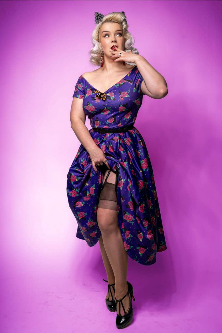 Vintage Cat & Rose Off Shoulder Dress In Purple