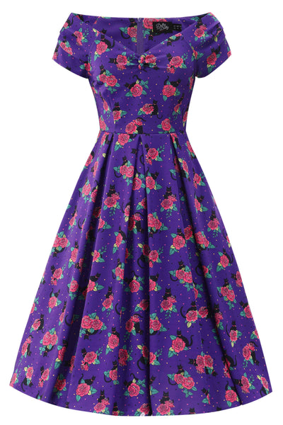 Front view of Lily Vintage Cat & Rose Off Shoulder Dress In Purple