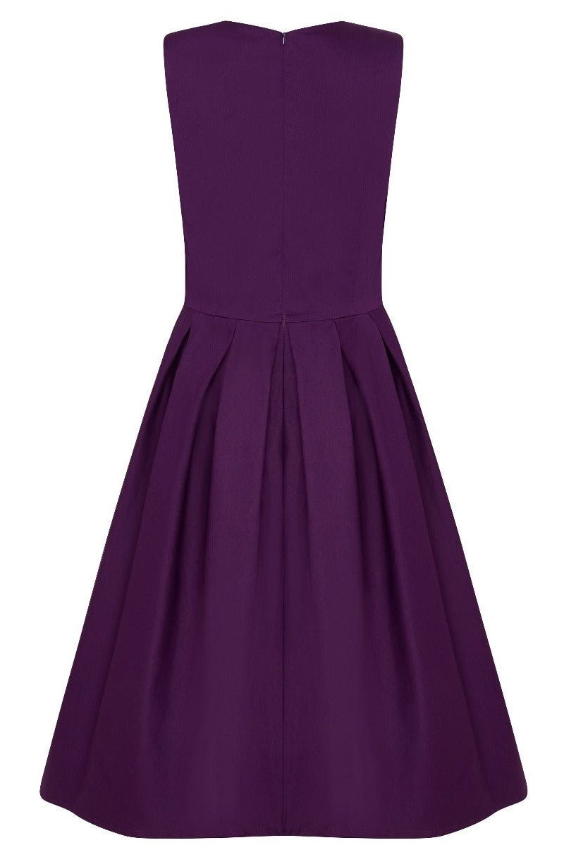 Back view of Lola Purple Box Pleated Flared Dress
