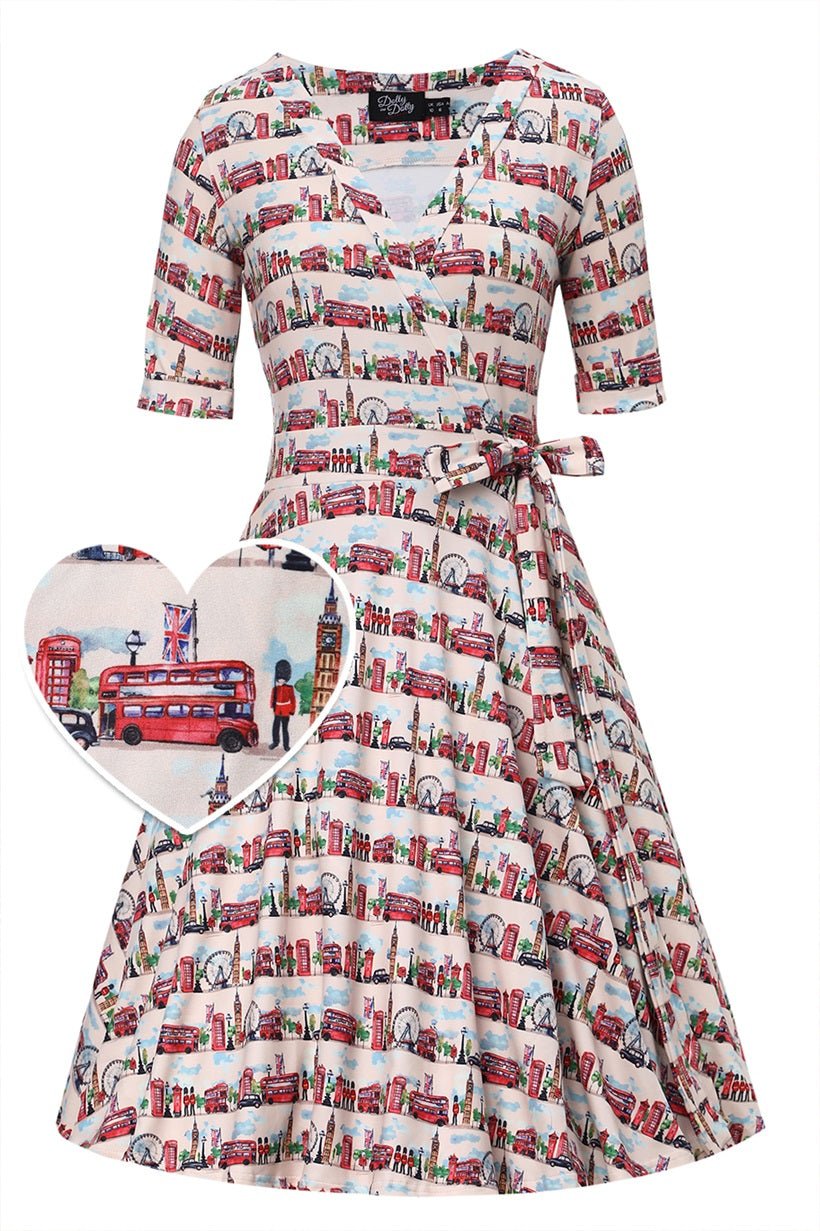 Front view of London Print Wrap Dress