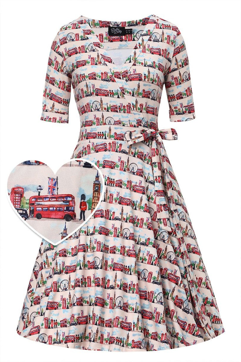 Front view of London Print Wrap Dress