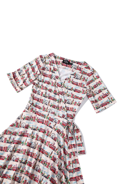 Close up view of London Print Wrap Dress