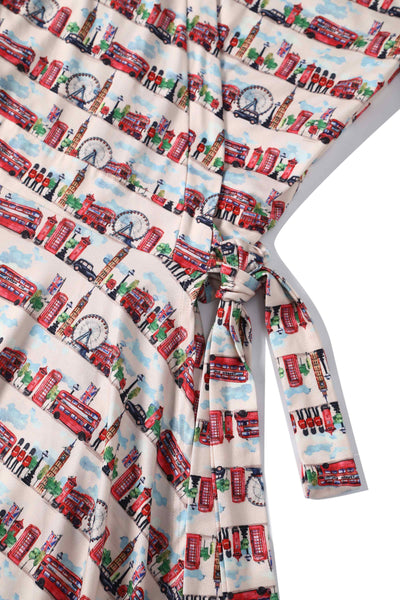 Close up view of London Print Wrap Dress