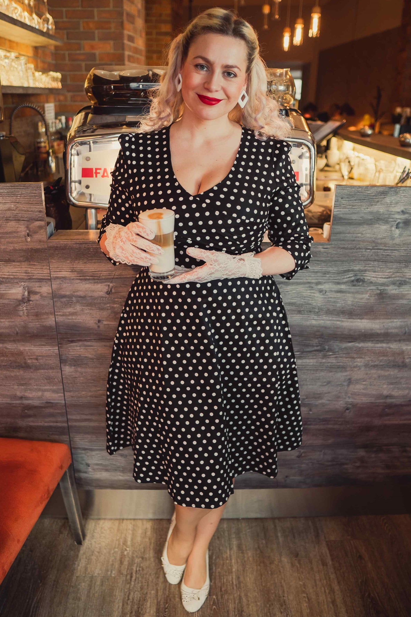 Long Sleeve 50s Style Swing Dress in Black Polka