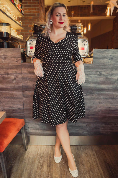 Long Sleeve 50s Style Swing Dress in Black Polka