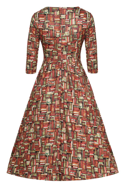 Long Sleeved Book Print Flared Dress