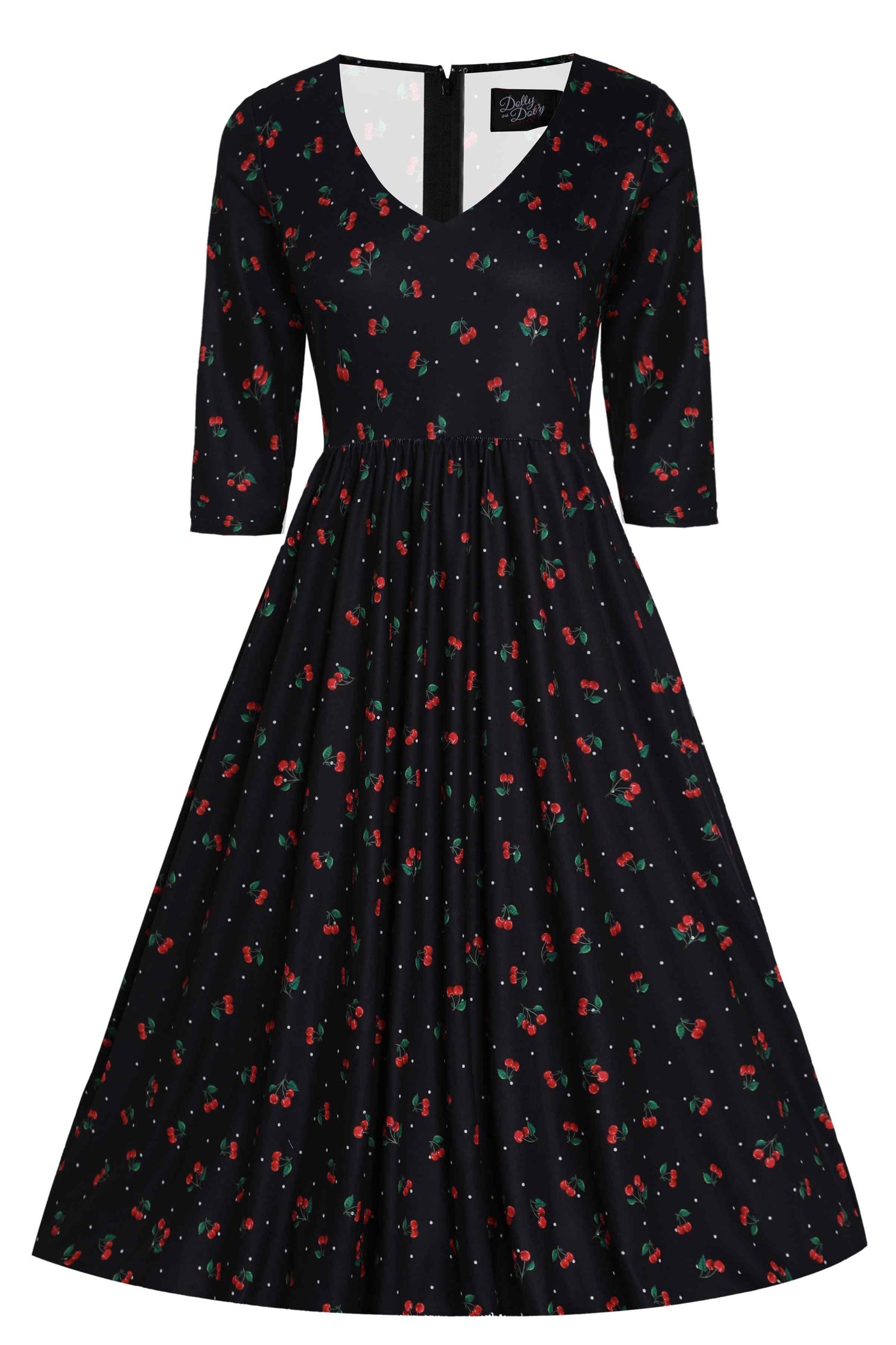 Front view of Black Long Sleeved Cherry Dress