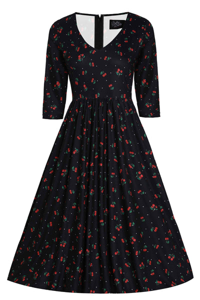 Front view of Black Long Sleeved Cherry Dress