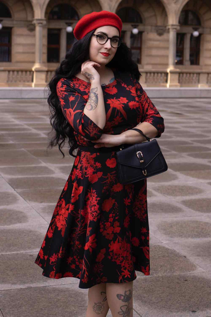 black with red flowers dress Beatrix Long Sleeved Midi Dress in Black/Red Floral