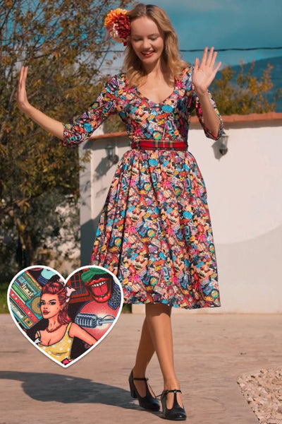 A model wearing Long Sleeved Pop Art Dress