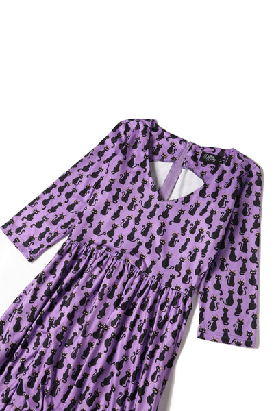 Long Sleeved Purple Black Cat Dress