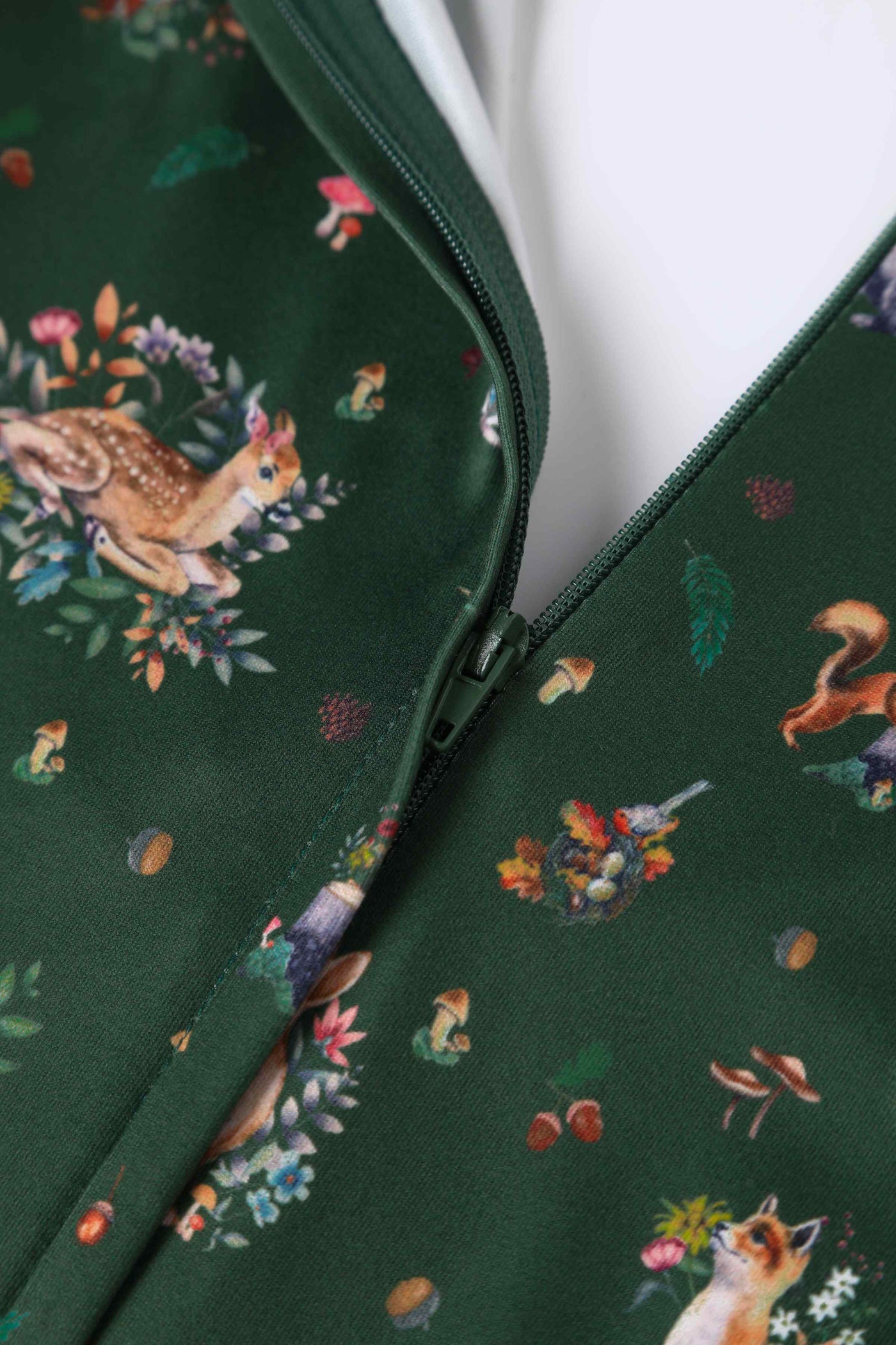 Close Up View of Lovely Woodland Fox and Owl Print Dress in Green