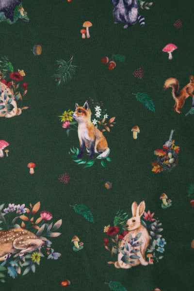 Close Up View of Lovely Woodland Fox and Owl Print Dress in Green