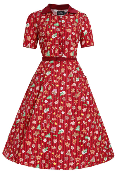 Front view of Mabel Christmas Gingerbread Cookie Shirt Dress