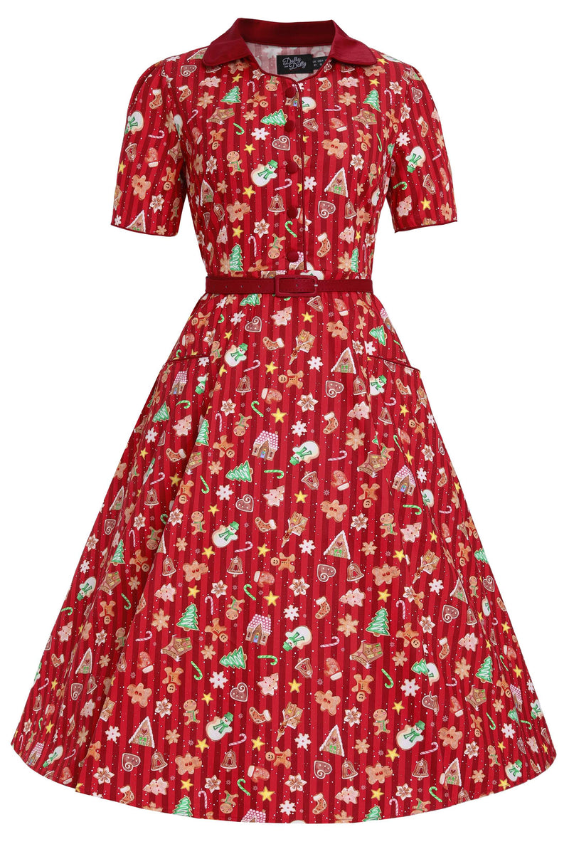 Front view of Mabel Christmas Gingerbread Cookie Shirt Dress