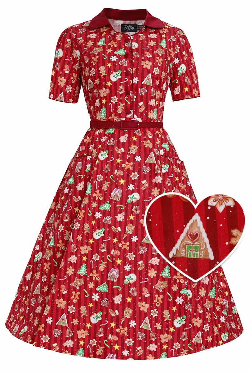 Front view of Mabel Christmas Gingerbread Cookie Shirt Dress