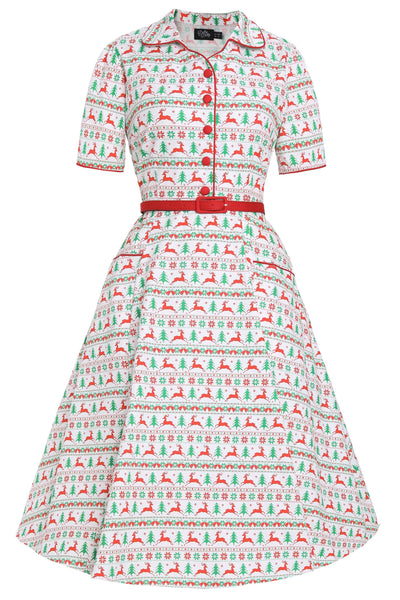 Front view of Mabel Christmas Reindeer Shirt Dress